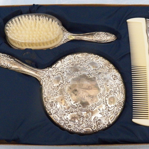 Paul Revere Silversmiths 3-Piece Silver Plated Dresser Set Mirror Brush Comb #231 Monogrammed “M”