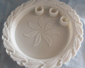 Vintage Imperial Glass Star Holly (Closed Leaves) White Milk Glass Candle Center Piece Plate