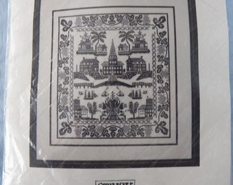 Vintage Double Cross 22.5”x20 3/8” “Village By The Sea” Cross Stitch Kit Stuck Collection Partially Completed FREE SHIP