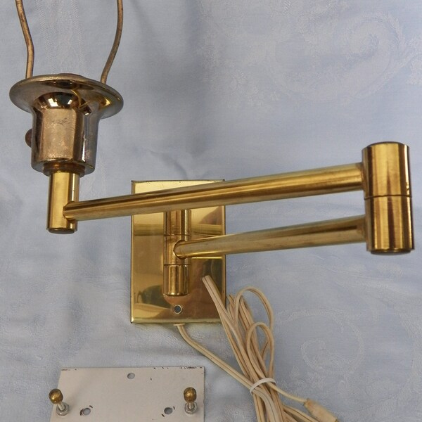 Vintage Brass Swing Arm Corded Wall Lamp Harp Finial Mounting Plate