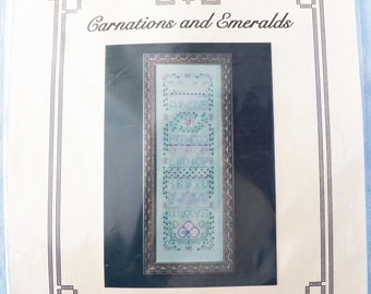 Vintage Indigo Rose Catherine Strickler 10.75”x3 1/8” “Carnations and Emeralds” Cross Stitch Kit FREE SHIP