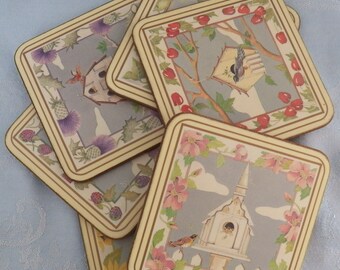 Vintage Pimpernel 4.25” x 4.25" Bird House Coasters Set of 6 Made in England