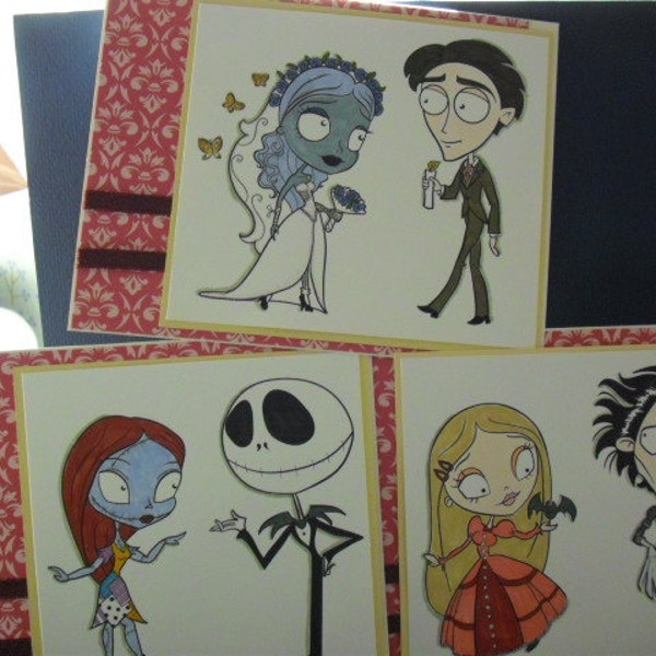 Set of 3 Tim Burton Inspired Cards - red ribbon