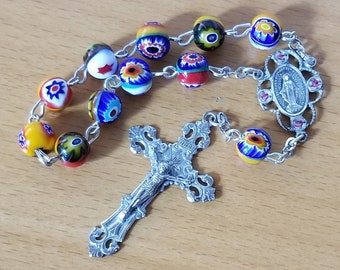 Italian Millefiori Sterling Silver Decade Chaplet Rosary, Vintage Sterling Crucifix & Enameled Rose Center