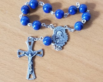 Natural Lapis Lazuli Sterling Decade Rosary Chaplet Antique Sterling Silver Crucifux and Vintage Sterling Silver Center