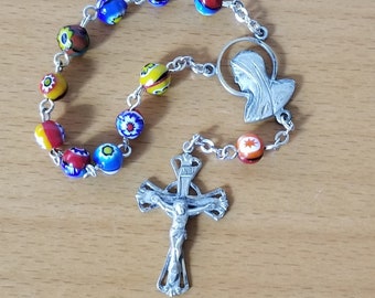 Petite Italian Millefiori Sterling Silver Decade Chaplet Rosary, Vintage Sterling Crucifix & Center