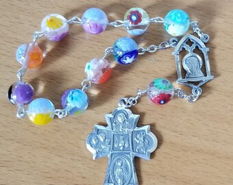 Italian Millefiori Sterling Silver Decade Chaplet Rosary, Vintage Sterling Cruciform & Mary Center