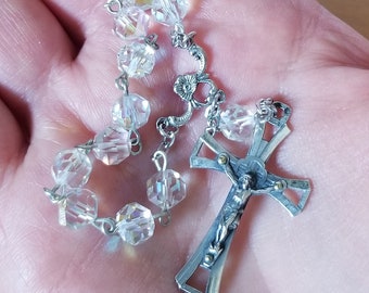 Petite Swarovski Art 5007 Crystal AB Sterling Rosary Chaplet, Vintage Solid Silver French Crucifix and Sterling Flower Center