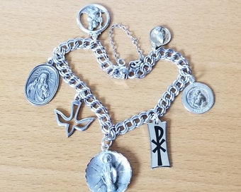 I am a Catholic ~ Vintage ELCO Sterling Silver Catholic Medals Bracelet ~ Smaller 7.25"