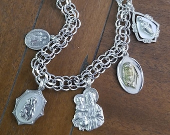 Holy Family Mother of Pearl ~  Vintage ELCO Sterling Catholic Medals Bracelet