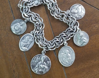 Spreading the Word of God, Evangelists & Apostles ... Vintage ELCO Sterling Silver Catholic Medal Saints Bracelet