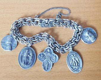 God Protect Our Soldiers & Police...Vintage Sterling Silver Catholic Medals Bracelet