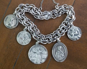 Animal Lover Saints ... Vintage ELCO Sterling Silver Catholic Medal Saints Bracelet