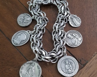 Visions of Mary ... Vintage ELCO Sterling Silver Catholic Medal Saints Bracelet