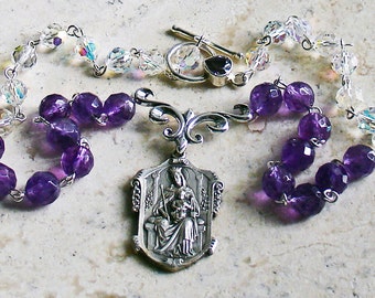 Our Lady Queen of Heaven...Natural AAA Amethyst & Vintage Swarovski Crystal Necklace I Earrings, Antique French Medal