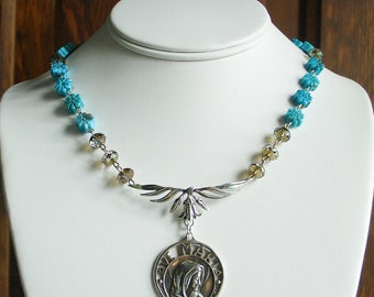 Hail Mary, Full of Grace...Carved Turquoise Flowers Swarovski Bronze Crystal Sterling Silver Necklace and Earrings