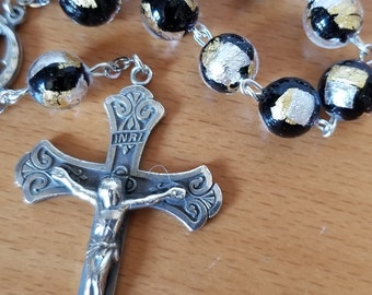 Venetian Glass Sterling Silver Rosary Chaplet, Vintage Sterling Traditional Crucifix and Mary Praying Center