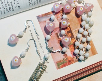 Queen of Heaven...Vintage Sterling Mary Medal with Italian Millefiori and White Jade Necklace and Earrings