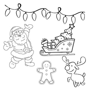 May include: Black and white line drawing of a Christmas scene with Santa Claus, a sleigh pulled by reindeer, a gingerbread man, and a Christmas tree. The scene is decorated with a string of lights.