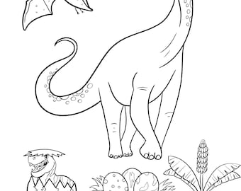 May include: A black and white line drawing of a dinosaur with a long neck, a pterodactyl, a dinosaur egg, and a plant. The dinosaur is standing on its hind legs and has a long tail. The pterodactyl is flying in the air. The dinosaur egg is in a nest with two other eggs. The plant is in the background.