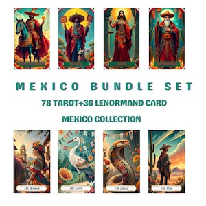 Könnte beinhalten: Ein Mexico Bundle Set mit 78 Tarot- und 36 Lenormand-Karten. Die Karten zeigen lebendige Illustrationen mit mexikanischen Kulturthemen. Das Set enthält Karten mit den Bezeichnungen "The Woman", "The Stork", "The Snake" und "The Man".