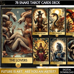 Mazzo di tarocchi del serpente, stampe dei tarocchi neri, mazzo di tarocchi digitali, mazzo di tarocchi spirituali stampabili, mazzo di tarocchi animali, opere d'arte, tarocchi png stampabili, oracolo