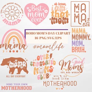 Clipart Boho digitale per la festa della mamma, regali per la festa della mamma stampabili, design a sublimazione per biglietti, tazze, magliette e artigianato