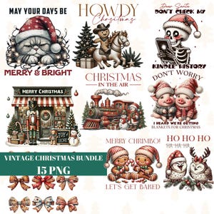 Pacchetto di Natale retrò Disegni di animali natalizi per biglietti, tazze, magliette, adesivi e artigianato Vintage Christmas Png