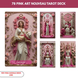 Puede incluir: Una baraja de tarot rosa Art Nouveau con 78 cartas. Las cartas muestran ilustraciones de figuras y símbolos, incluyendo una mujer con un león, y el texto "STRENGTH". La baraja tiene un esquema de color rosa y dorado con acentos florales.