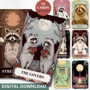 Jeu de tarots numériques raton laveur Cartes de tarot numériques 78 jeux de tarots imprimables Jeu de cartes de tarot noir Jeu d'impressions de tarot des animaux Cartes de tarot du zodiaque