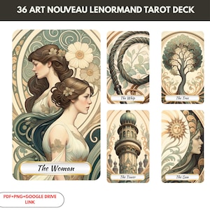 以下が含まれることがあります： 36枚のカードからなるアールヌーボーのルノルマンタロットデッキ。柔らかい色使いのイラストが特徴です。「女性」、「鞭」、「木」、「塔」、「太陽」のカードが含まれています。PDF+PNG+Google Driveのリンクがあります。