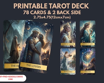 Puede incluir: Baraja de tarot imprimible con 78 cartas y 2 reversos, de 12cm x 7cm. La imagen muestra varias cartas de tarot, como "The Lovers", "Queen of Swords" y "The Star", con ilustraciones detalladas y detalles dorados.