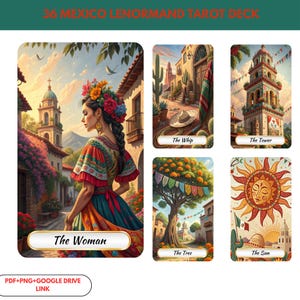Könnte beinhalten: Ein 36-Karten-Mexico-Lenormand-Tarotdeck mit lebendigen Illustrationen. Die Karten zeigen Szenen wie eine Frau in traditioneller Kleidung, ein Gebäude, einen Baum und eine Sonne. Das Deck enthält den Text "The Woman", "The Whip", "The Tower", "The Tree" und "The Sun".