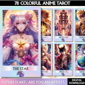 Anime Tarot Cards Deck Black Tarot Prints Digital Tarot Deck  Spiritual  Printable Tarot Deck Colorful Tarot  Png Printable Oracle