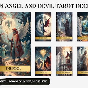 Könnte beinhalten: Eine Sammlung von 78 Angel- und Devil-Tarotkarten. Jede Karte zeigt detaillierte Illustrationen mit engelhaften und dämonischen Figuren. Die Karten tragen Titel wie "Der Narr", "Der Mond" und "Der Stern". Der Text "DIGITALER DOWNLOAD/PDF, DRIVE LINK" befindet sich unten.