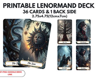 May include: Printable Lenormand deck featuring 36 cards and 1 back side. The cards measure 2.75x4.75 inches. The image shows several cards with illustrations, including "The Sun", "The Tree", "The Woman", "The Man", and "The Rider".