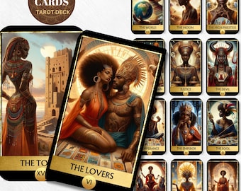 May include: A 78-card tarot deck with a gold and black design. The cards feature illustrations of people with dark skin tones in various poses and settings. The cards are labeled with the names of the tarot cards, such as "The Lovers", "The World", and "The High Priestess".