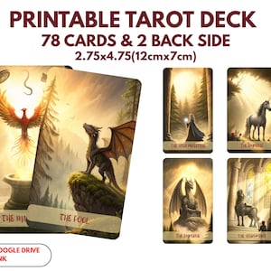 May include: Printable tarot deck featuring 78 cards and 2 back sides. The cards measure 2.75x4.75 inches. The image shows several cards with fantasy art, including a dragon, phoenix, and unicorn. Text on the cards includes "The Fool" and "The High Priestess".