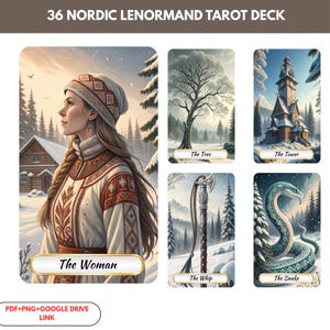 Könnte beinhalten: Ein Tarot-Deck mit 36 Nordic Lenormand-Karten. Die Karten zeigen Illustrationen einer Frau, eines Baumes, eines Turms, einer Peitsche und einer Schlange. Das Deck hat ein Winterthema mit verschneiten Landschaften und traditioneller Kleidung.