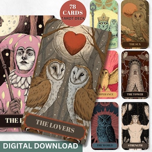 Eulen Tarot Deck Digitale Tarotkarten 78 druckbare Tarot Deck schwarze Tarotkarten Deck Tier-Tarot druckt Sternzeichen-Tarotkarten