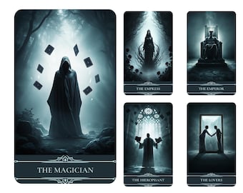May include: A tarot deck featuring 78 Shadow Self Tarot cards. The cards have a dark, mystical theme with illustrations of The Magician, The Empress, The Emperor, The Hierophant, and The Lovers. The text "78 Shadow Self Tarot Deck" is at the top.