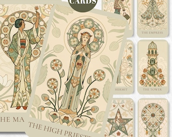 May include: An art tarot card deck featuring 78 cards. The cards have an Art Nouveau style with illustrations of figures and symbols in beige, green, and brown tones. The text "THE HIGH PRIESTESS" and "ART TAROT CARD DECK" are visible.