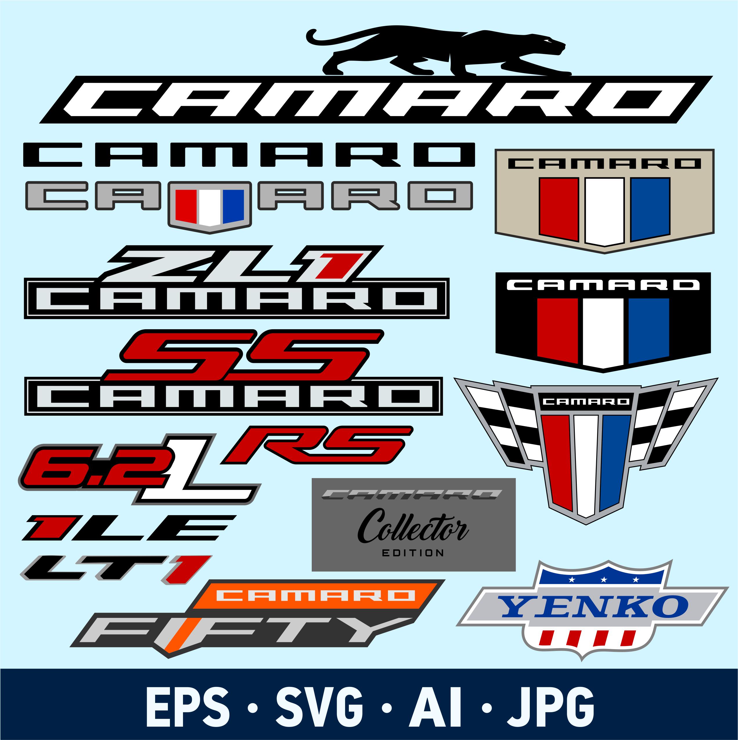 Chevrolet Camaro grill, błotnik, znaczki na drzwi SVG bundle. Zestaw naklejek kolekcjonerskich Panther. Klasyczny sportowy muscle car.