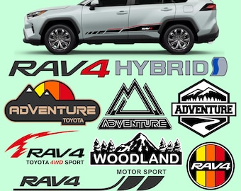 Toyota RAV4 crossover door body stripes decals SVG bundle. Avventura all&#39;aria aperta, boschi, fuoristrada trd badge adesivi set. Download digitale.