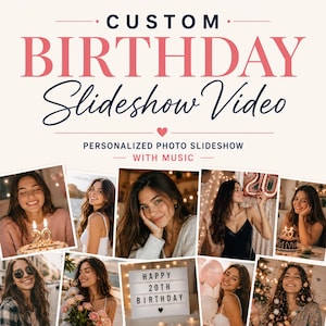 May include: A digital graphic for a custom birthday slideshow video featuring the text CUSTOM BIRTHDAY Slideshow Video and PERSONALIZED PHOTO SLIDESHOW WITH MUSIC. Below the text are multiple photos of a person celebrating a 20th birthday.