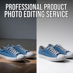 May include: Two pairs of blue canvas sneakers with white laces and soles. The text "PROFESSIONAL PRODUCT PHOTO EDITING SERVICE" is at the top of the image. One pair is on a wooden surface, the other on a white surface.