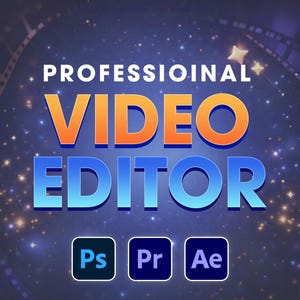 Könnte beinhalten: Digitalgrafik mit den Worten „PROFESSIONELLER VIDEO EDITOR“ in Orange und Blau. Darunter die Symbole für Adobe Photoshop (Ps), Premiere Pro (Pr) und After Effects (Ae) auf sternenklarem Hintergrund.
