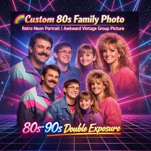 80s family photo, retro portrait, awkward family pic, 80s neon portrait, funny group photo, custom 80s art, 90s style portrait, vintage photo edit, laser photo effect, couple portrait, family poster, retro gift idea, photo from photo