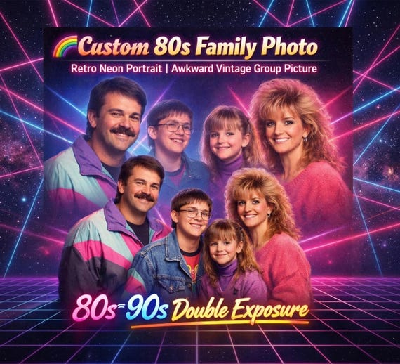 Custom 80s Family Photo, Retro Neon Portrait, Awkward Vintage Group (Digital Download)