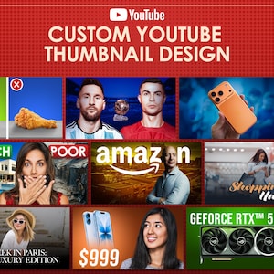 Puede incluir: Imagen promocional para servicios de diseño de miniaturas de YouTube. La imagen presenta un collage de varios elementos, incluyendo retratos de celebridades, fotos de productos y superposiciones de texto. El texto incluye "CUSTOM YOUTUBE THUMBNAIL DESIGN" y "$999".
